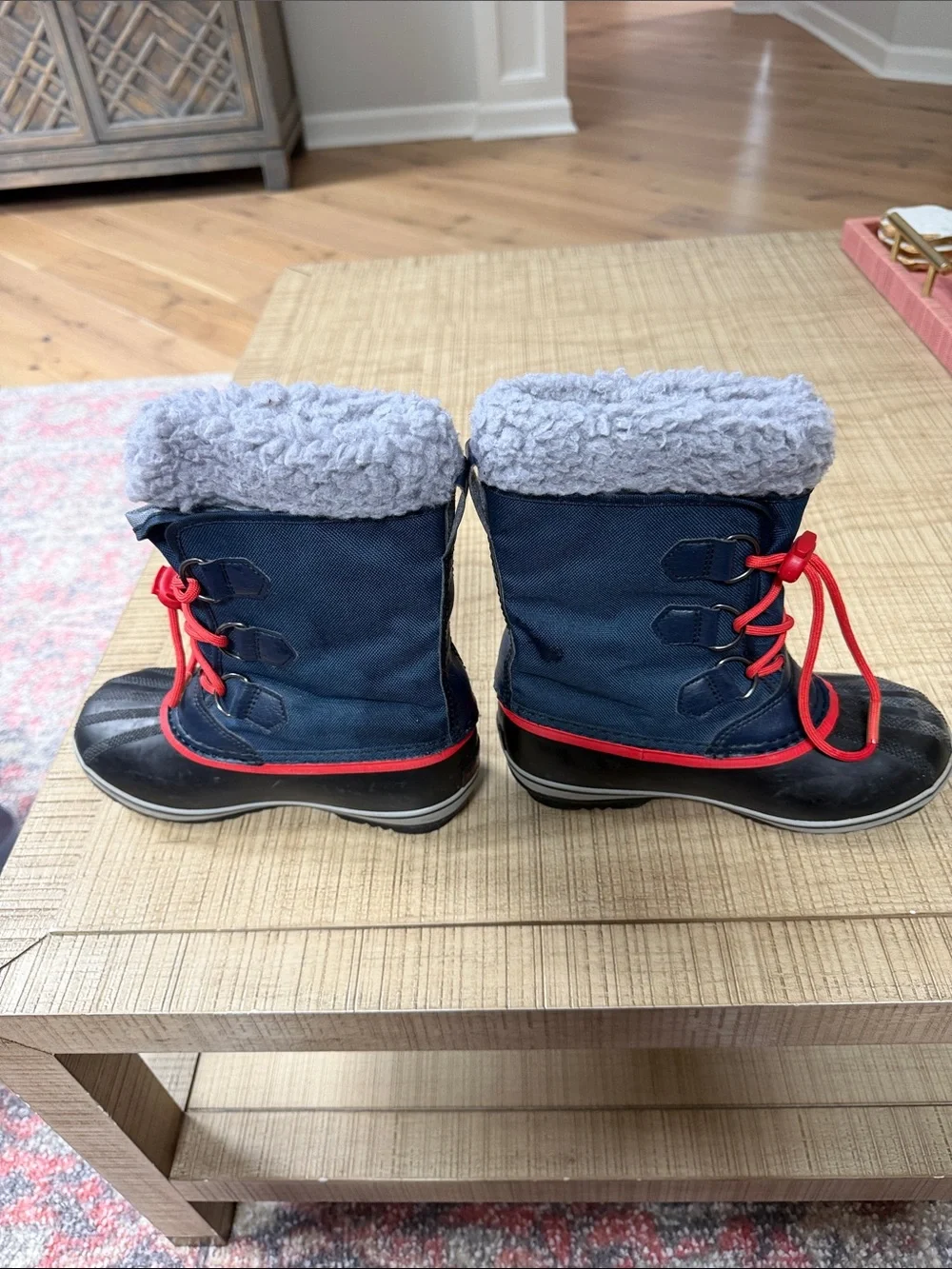 Kids Winter Snow Boots - Navy with Red Laces